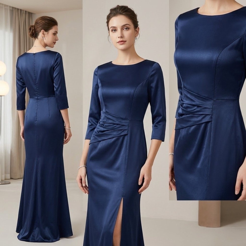 MISSACC Navy Blue Satin Formal Evening Gown Ruched Slit Dress Prom Bridesmaid 8